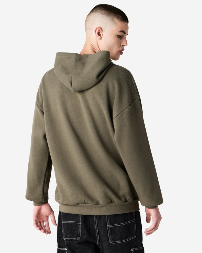 A unisex hooded sweatshirt in olive green with a relaxed fit and a hood, featuring a logo.