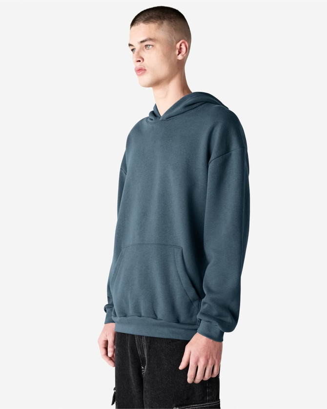 A unisex hooded sweatshirt in a dark blue colour, featuring a front pocket and a logo on the garment.