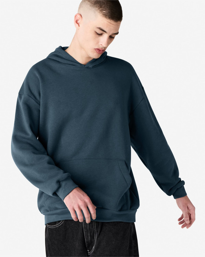 A unisex hooded sweatshirt in a deep teal colour, featuring a kangaroo pocket and a relaxed fit.