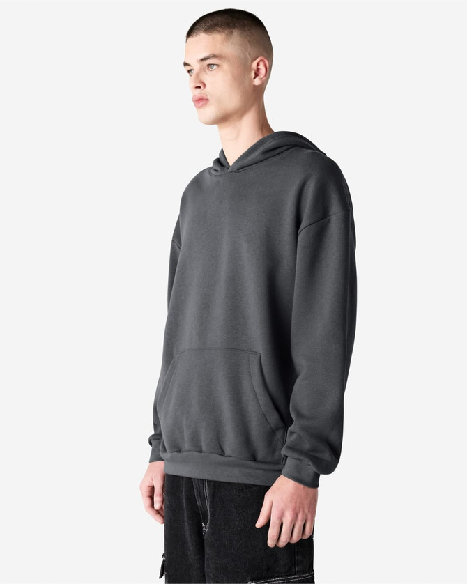 A unisex hooded sweatshirt in a dark grey colour, featuring a pouch pocket and a logo.