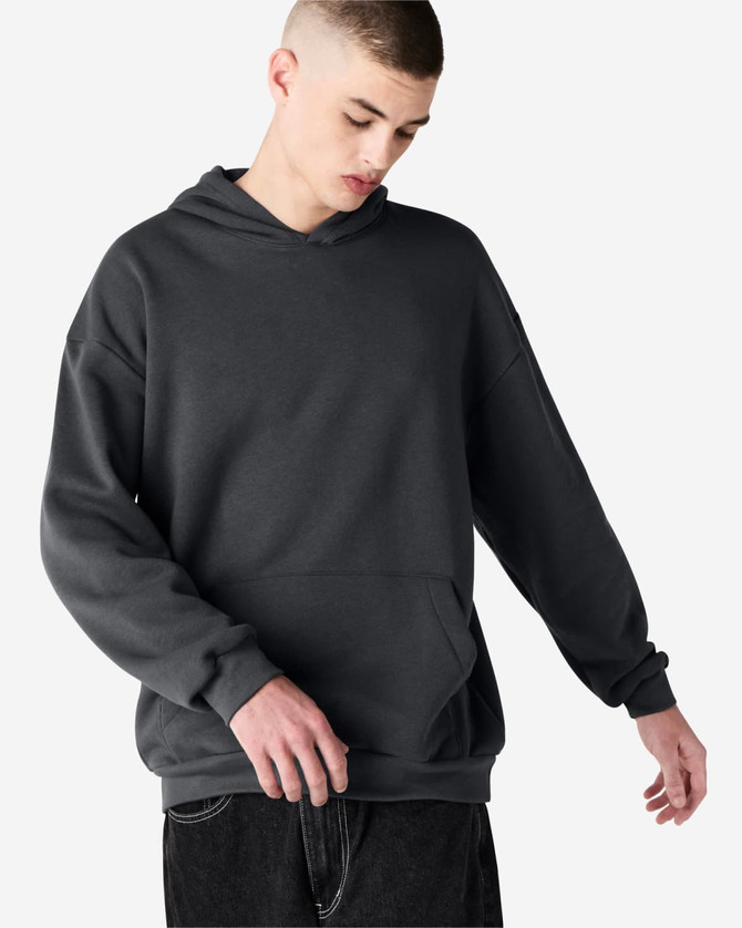 A unisex hooded sweatshirt in dark grey with a relaxed fit and front pocket, featuring a logo.