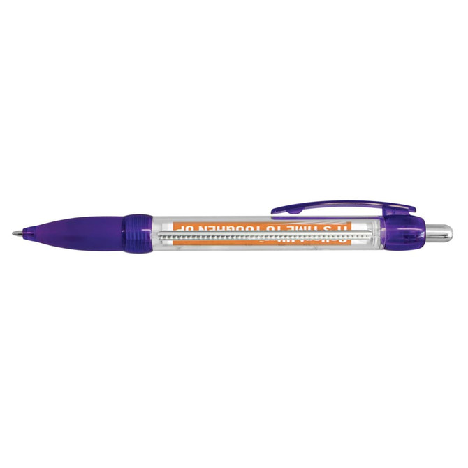 A purple and clear plastic pen with a logo, featuring a sliding flag banner design.