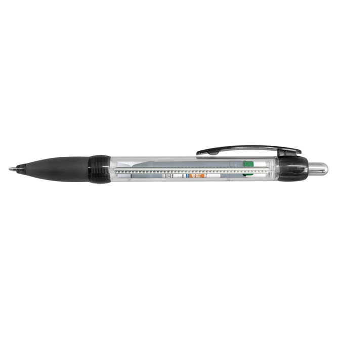 A plastic pen with a transparent barrel and black accents, featuring colorful flag designs inside.