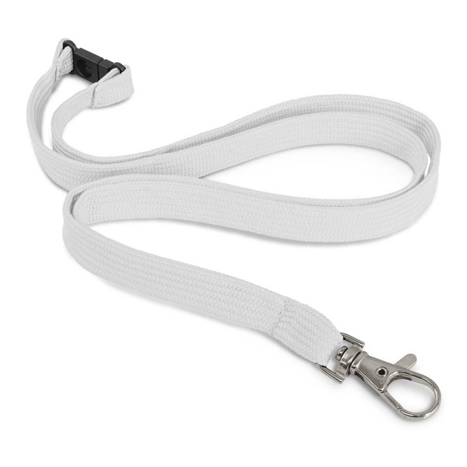 A custom printed lanyard in white color, measuring 12mm in width, featuring a metal clip for attaching items.