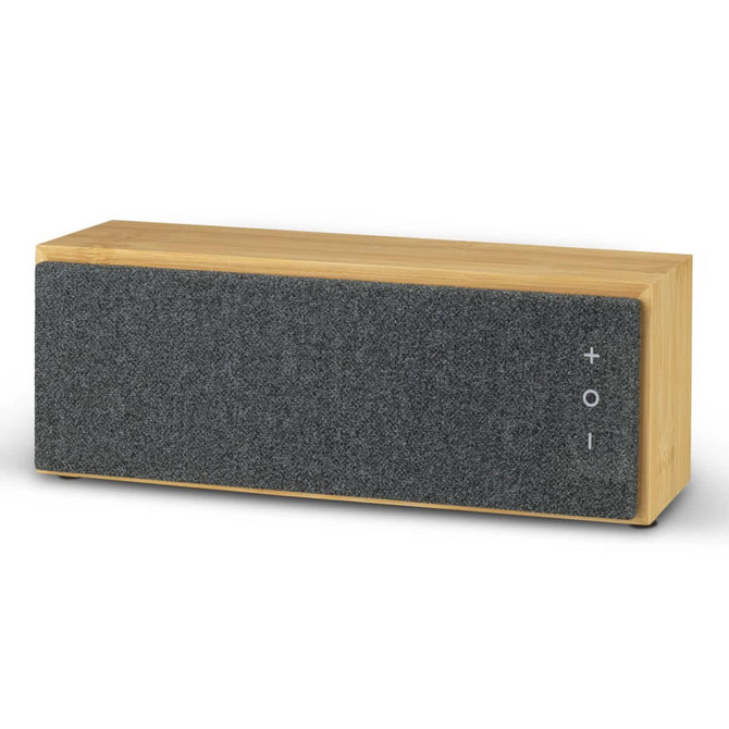 A rectangular Bluetooth speaker with a wooden base and a grey fabric front, featuring a logo and volume controls.