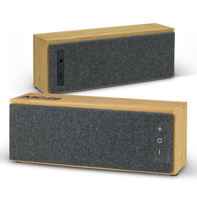 A bamboo Bluetooth speaker with a grey fabric front, featuring buttons and a branding logo on the side.
