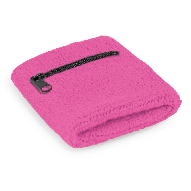 A pink wrist sweat band with a zippered pocket, made from textured material. It features a small logo.