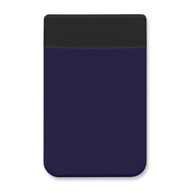 A purple Lycra phone wallet with a black top section, featuring a simple design and a branding logo.