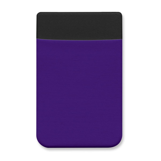 A purple Lycra phone wallet with a black top, featuring a logo at the front.