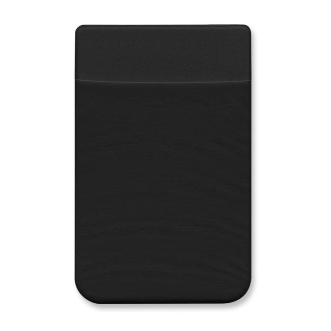 A black Lycra phone wallet with a sleek design featuring a pocket for cards. Includes a branding logo.