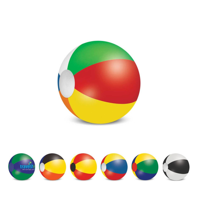 A multi-coloured beach ball featuring green, red, yellow, and blue sections, with a white centre and a logo.