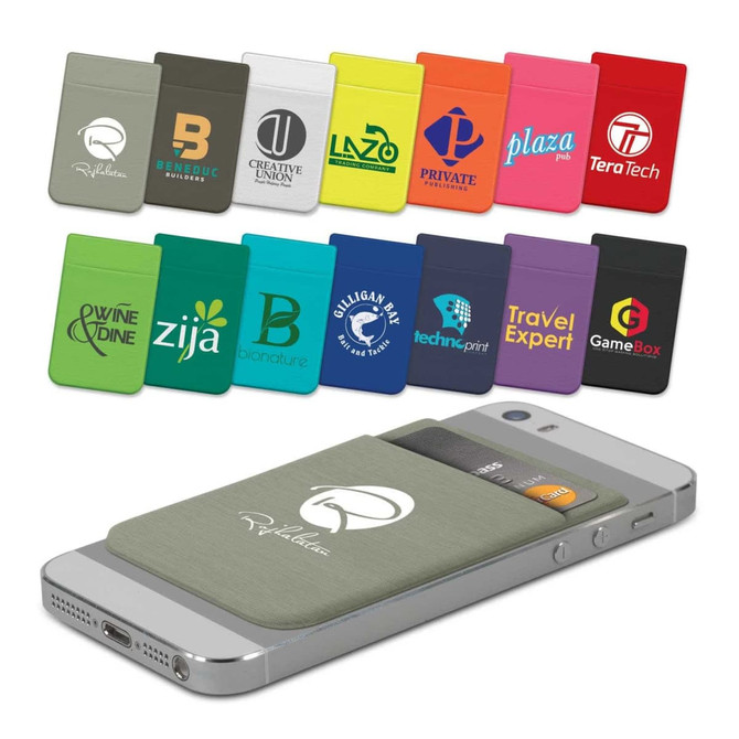 A selection of Lycra phone wallets in various colours displayed on a smartphone, featuring different logos.