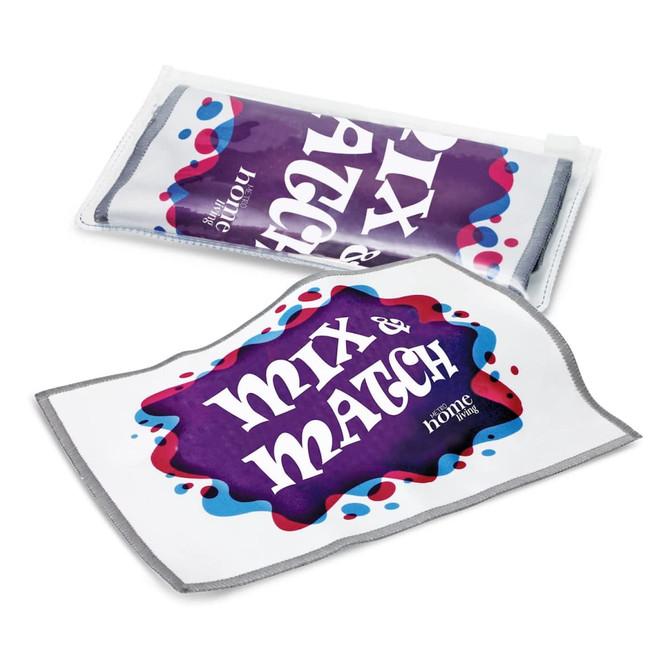 A set of two cleaning cloths in purple and white, featuring bold designs and a logo.