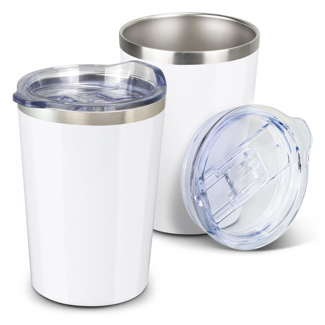 A drink bottle set featuring white vacuum cups with stainless steel rims and clear lids.