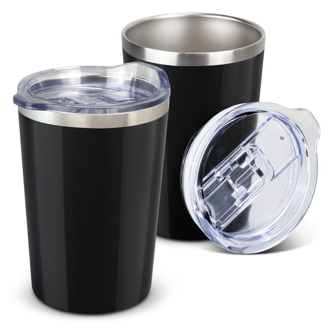 A drink bottle in black with a stainless steel rim and a clear lid, featuring a branding logo. Two units are displayed.