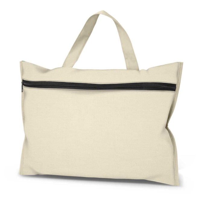 A cream toiletry bag with a black zipper and handles, featuring a simple and spacious design.