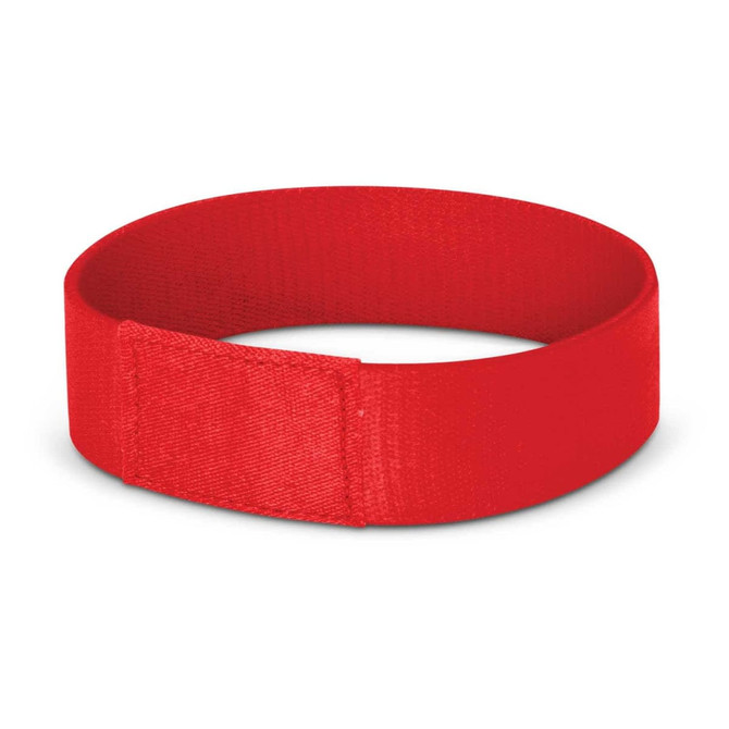 A vibrant red wristband designed for events and exhibitions, featuring a simple and sleek design.