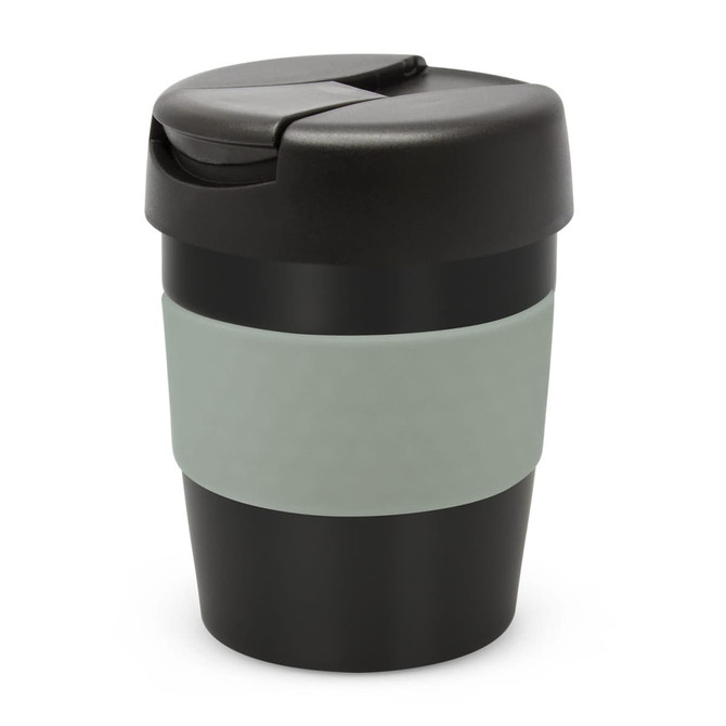 A drink bottle in black with a light green band, featuring a lid for easy sipping. It has a branding logo on the side.