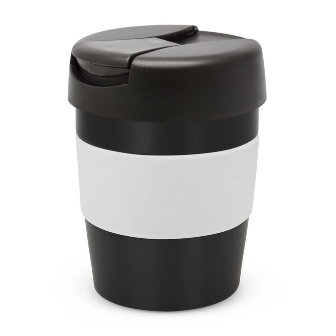 A drink bottle featuring a black body with a white band and a black lid, designed as a vacuum cup.