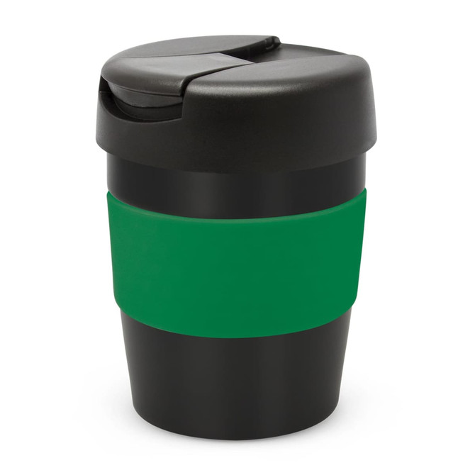 A drink bottle in black with a green silicone grip and a black lid, featuring a branded logo.