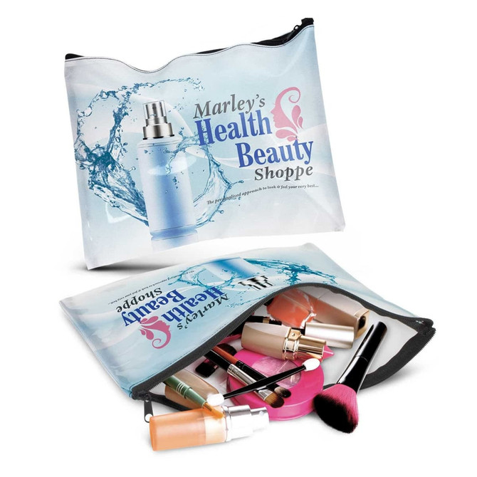 A large cosmetic bag with a water-themed design, containing various makeup products and accessories in shades of beige, pink, and gold.