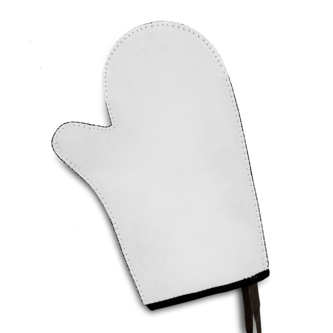 A Neoprene Oven Mitt in a white color with black stitching and a hanging loop for easy storage.