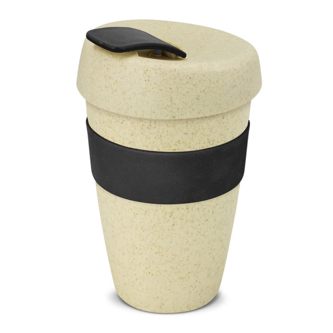 A drink bottle in a pale yellow shade with a black silicone band and lid, featuring a smooth, textured finish.