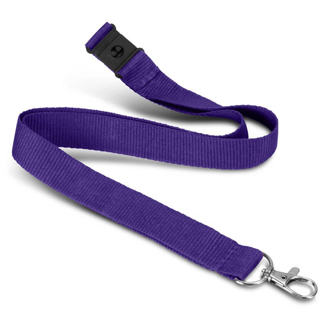 A purple soft touch logo lanyard with a clip attachment and adjustable section for comfort.
