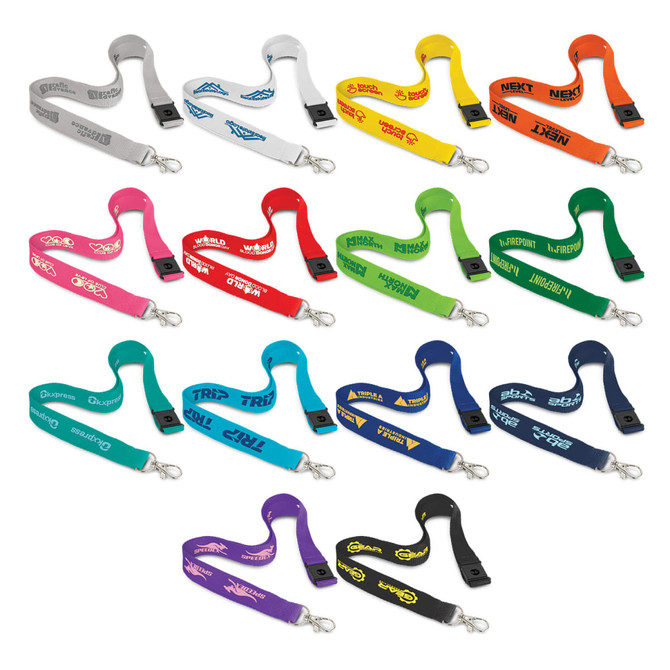 A variety of 3D logo lanyards in different colours, featuring various designs and attachments.