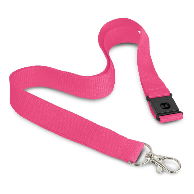 A pink 3D logo lanyard with a clip and buckle attachment for holding ID cards or keys.