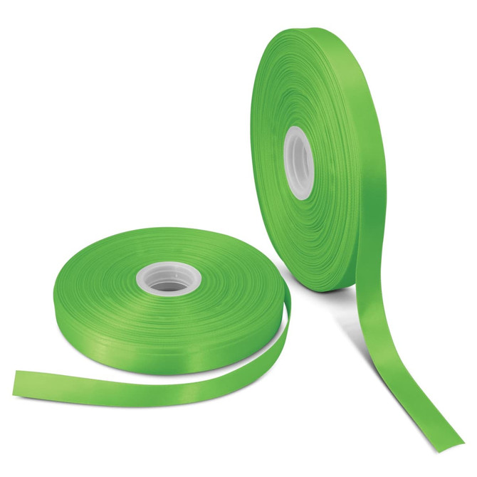 Bright green personalised ribbon in 15mm width, displayed on rolls with a smooth finish.