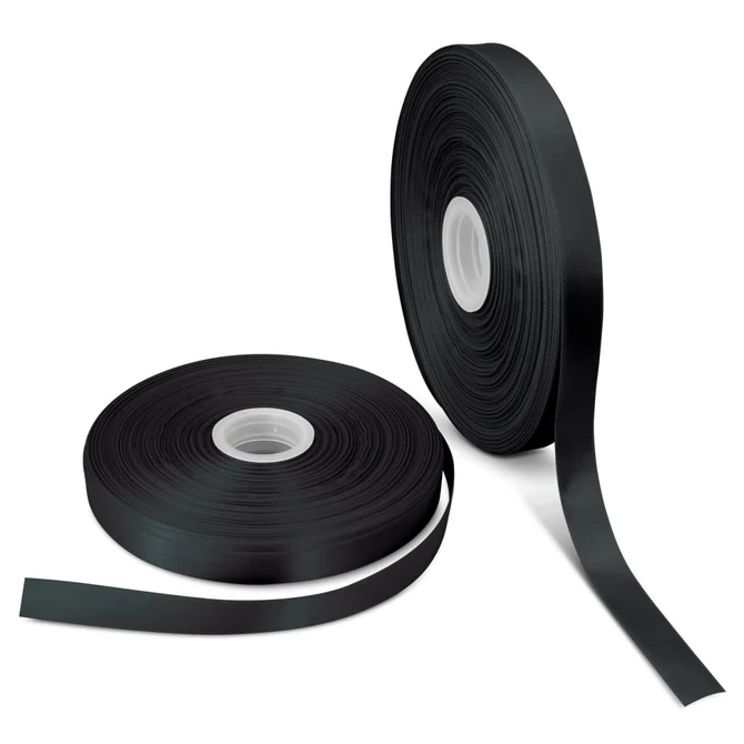 Two rolls of 15mm personalised ribbon in black, featuring a smooth finish and a logo on one roll.