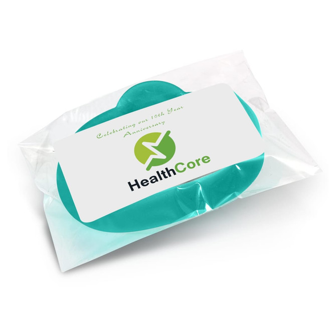 A teal silicone wristband packaged in a clear plastic bag, featuring a branding logo on the front.