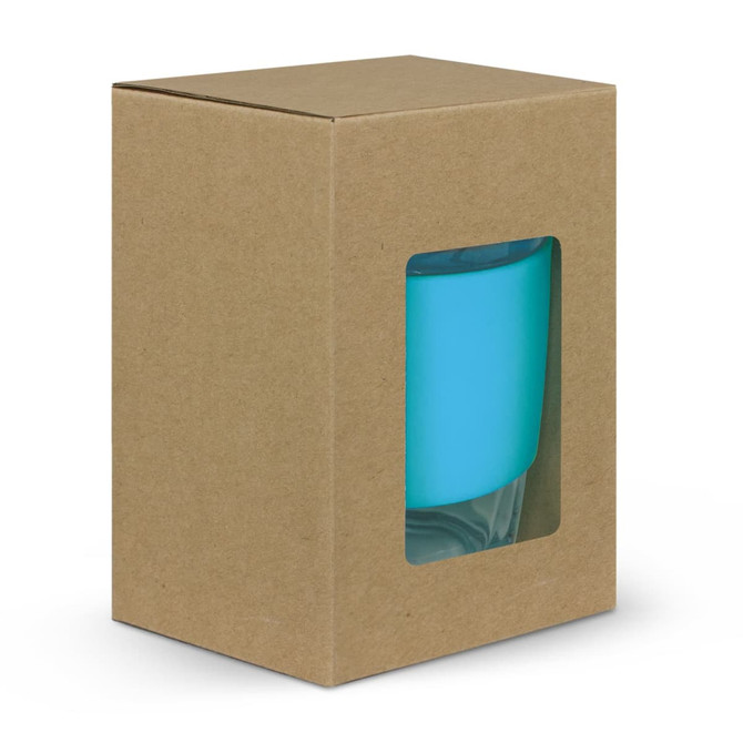 A drink bottle in a transparent box, featuring a blue borosilicate glass design. The packaging is brown and plain.