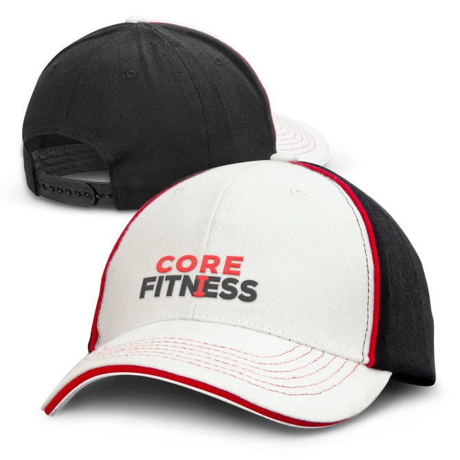 A cap featuring a white front panel, black sides, red accents, and a logo on the front.
