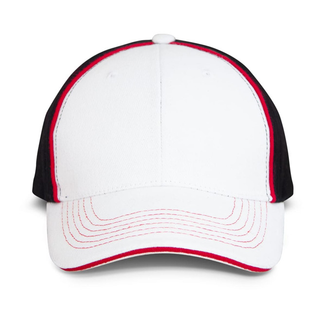 A cap featuring a white front with black and red side panels, showing contrasting stitching. It has a structured design.