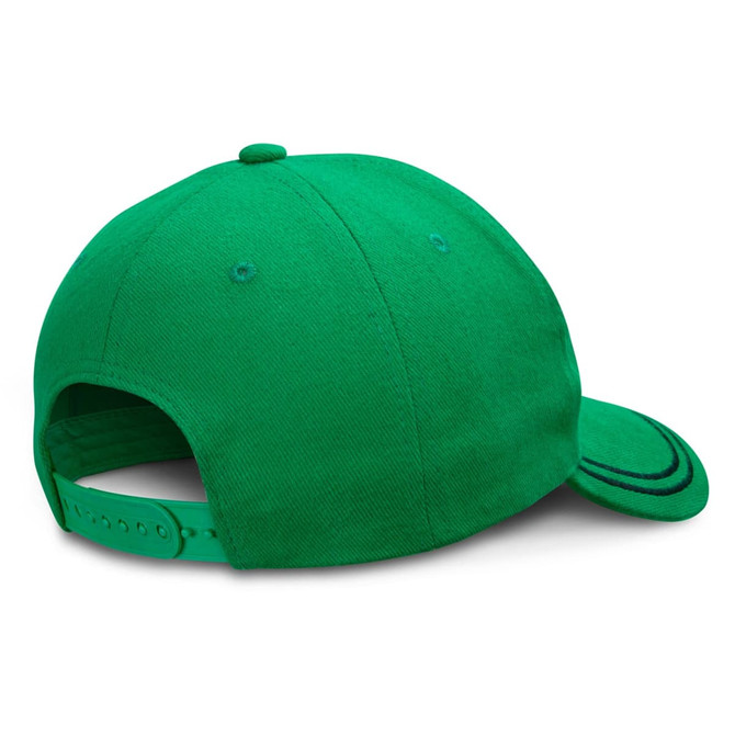 A green cap with a flat brim and adjustable strap, featuring a solid colour design.