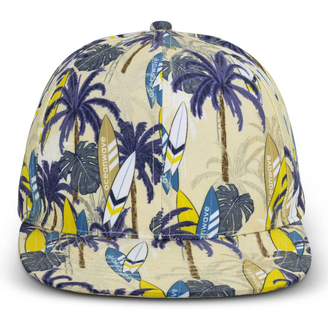 A custom flat peak cap featuring a vibrant palm tree and surfboard pattern in shades of yellow, blue, and purple.