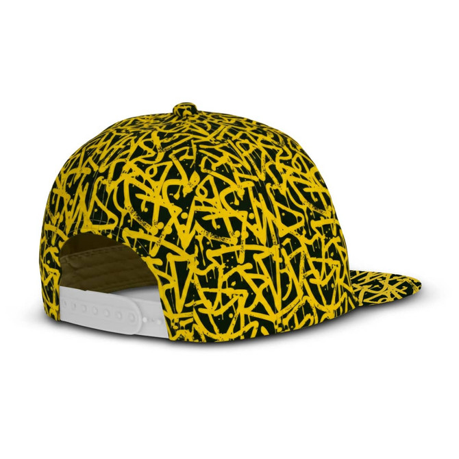 A flat peak cap featuring a black and yellow graffiti-style pattern and a white adjustable strap at the back.