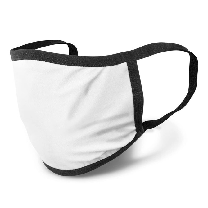 A reusable face mask in white with black trim and elastic ear straps, featuring a logo.