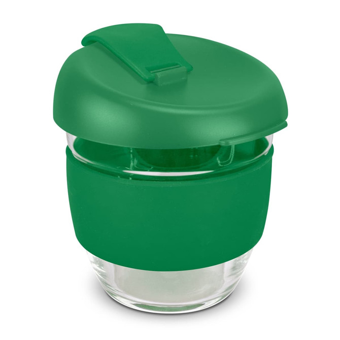 A drink bottle made of borosilicate glass with a green silicone sleeve and lid, featuring a logo.