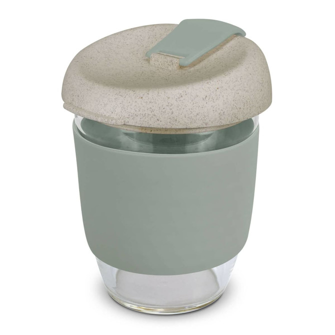 A drink bottle featuring a transparent glass body, a soft green silicone sleeve, and a speckled green lid.