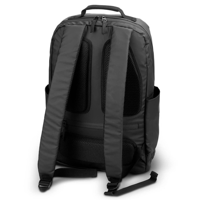 Aquinas Backpack in black with padded straps and mesh detailing on the back. Features a logo on the exterior.