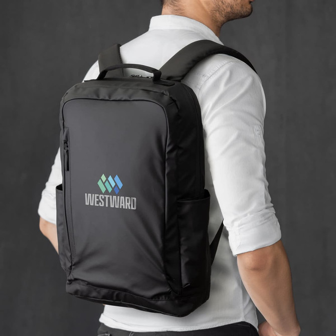 A black backpack with a sleek design, featuring a logo on the front and side pockets.
