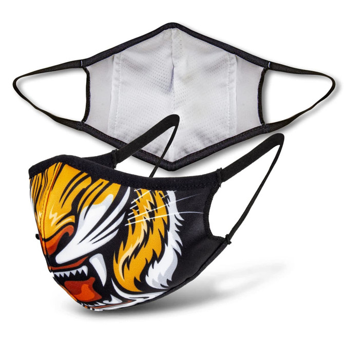 A custom face mask featuring a vibrant tiger design, with black straps and a white interior.