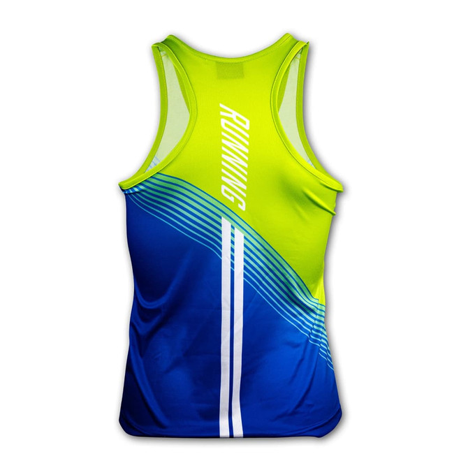 A vibrant women's sports singlet in green and blue with white stripes and a logo on the back.