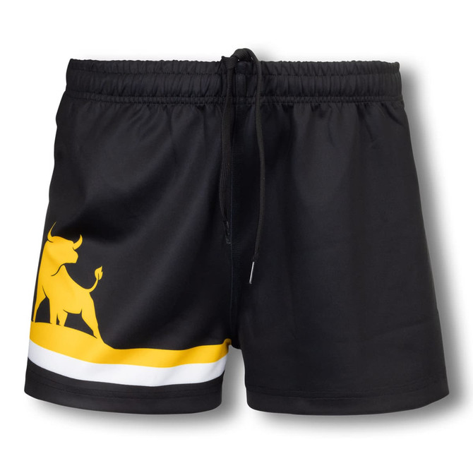 Custom men's AFL shorts in black with a yellow and white design, featuring a logo on the side and an adjustable waistband.