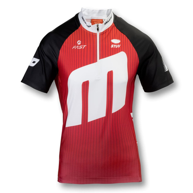 A red and black custom women's cycling top featuring a logo and a zippered front.