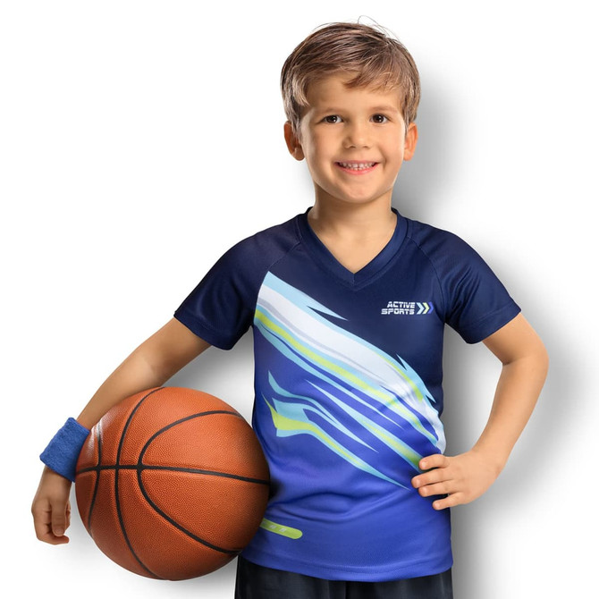 A blue kids' performance T-shirt with a dynamic pattern, worn by a boy holding a basketball, featuring a logo.