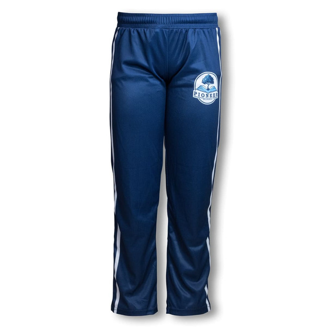 Custom kids' track pants in navy blue with white side stripes and a logo on the front.
